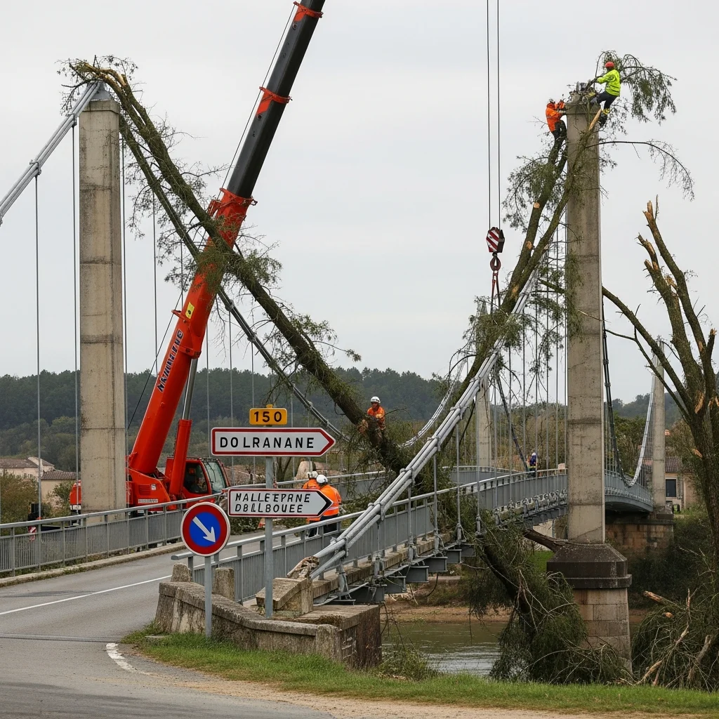 Spoedsluiting en werkzaamheden aan hangbrug Sauveterre-Saint-Denis na storm Nils