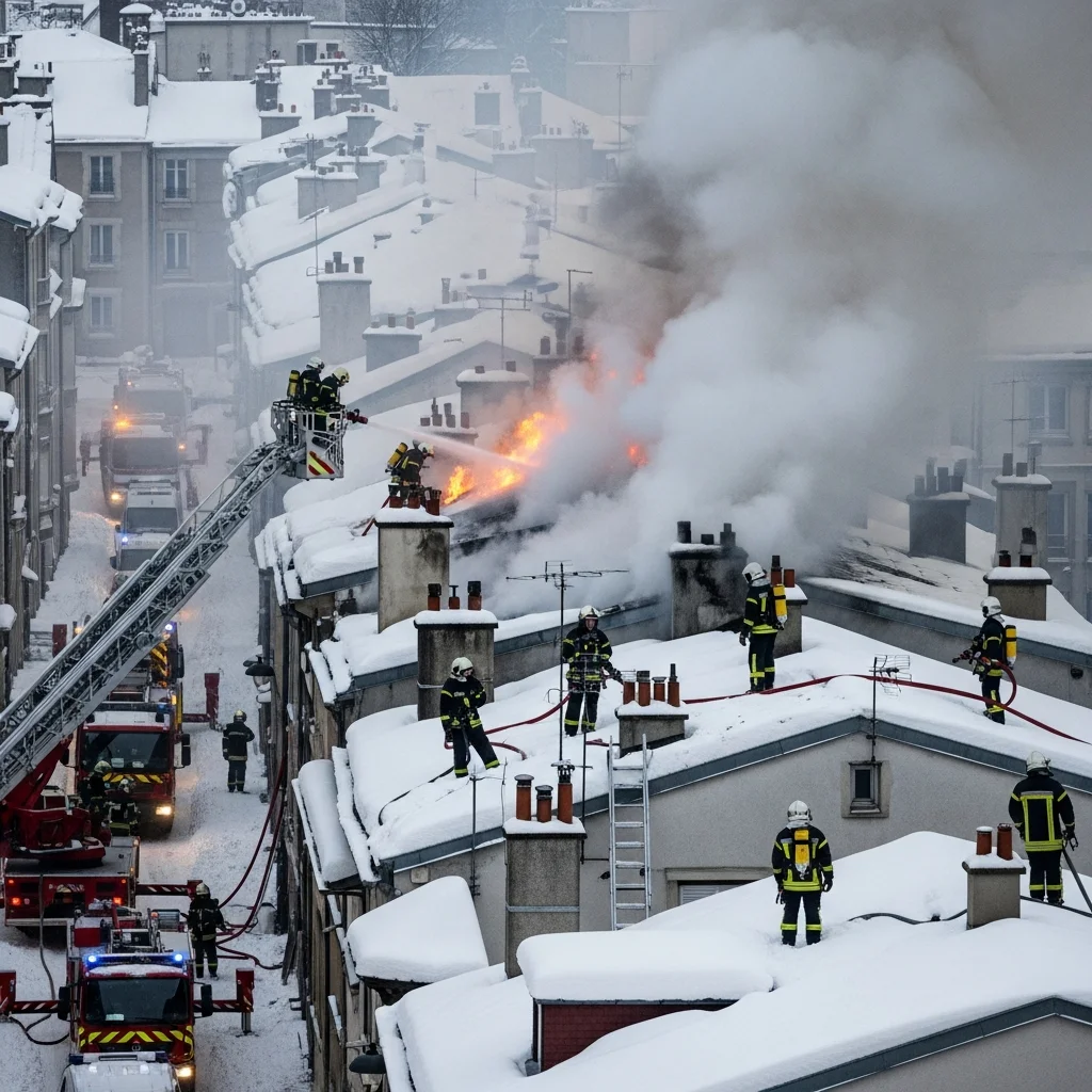 Uitslaande brand in complex dakgebouw bemoeilijkt door sneeuwval