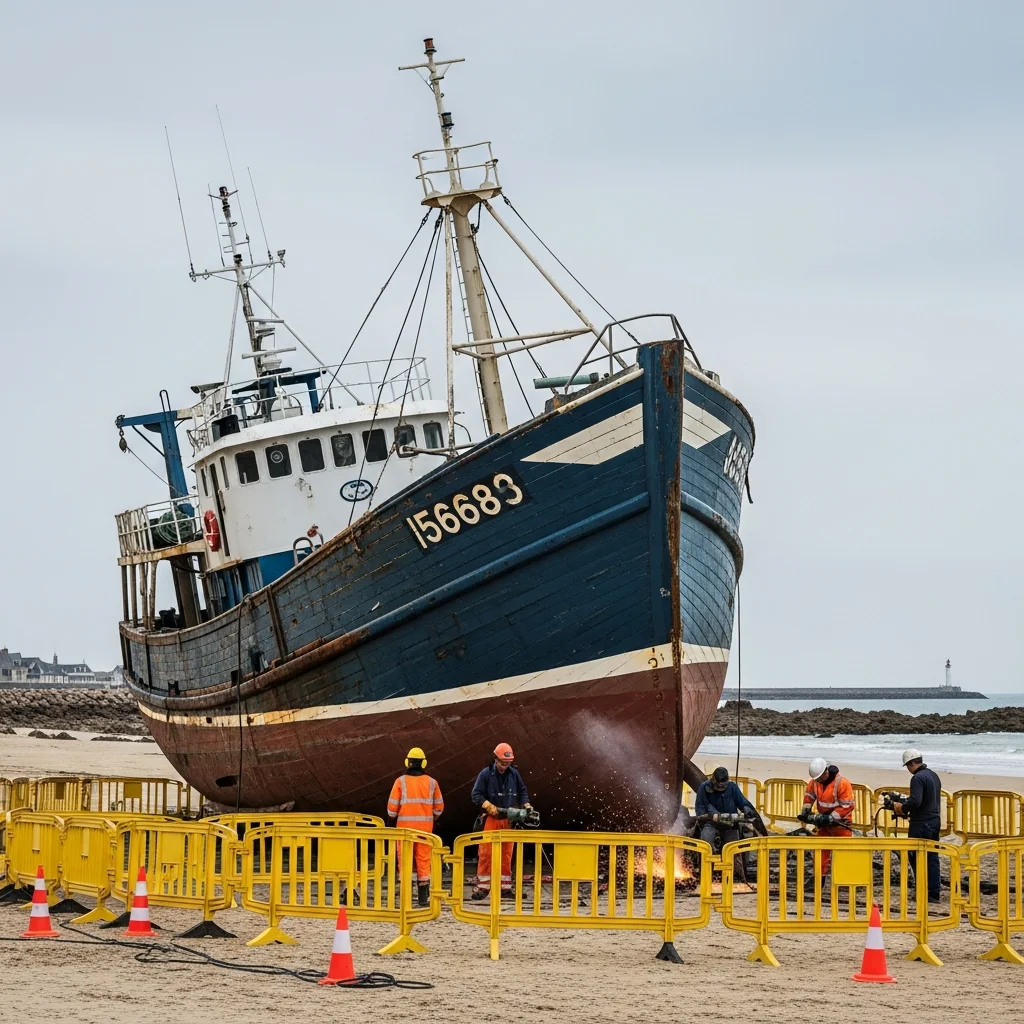 Gesloten stranden door demontage gestrande vissersboot bij Les Sables-d’Olonne
